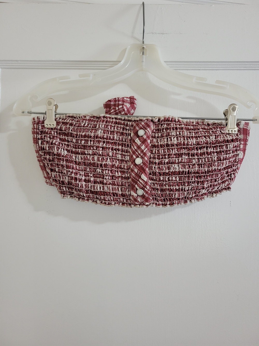 True Religion Smocked Strapless Bandeau Top in Burgundy and White